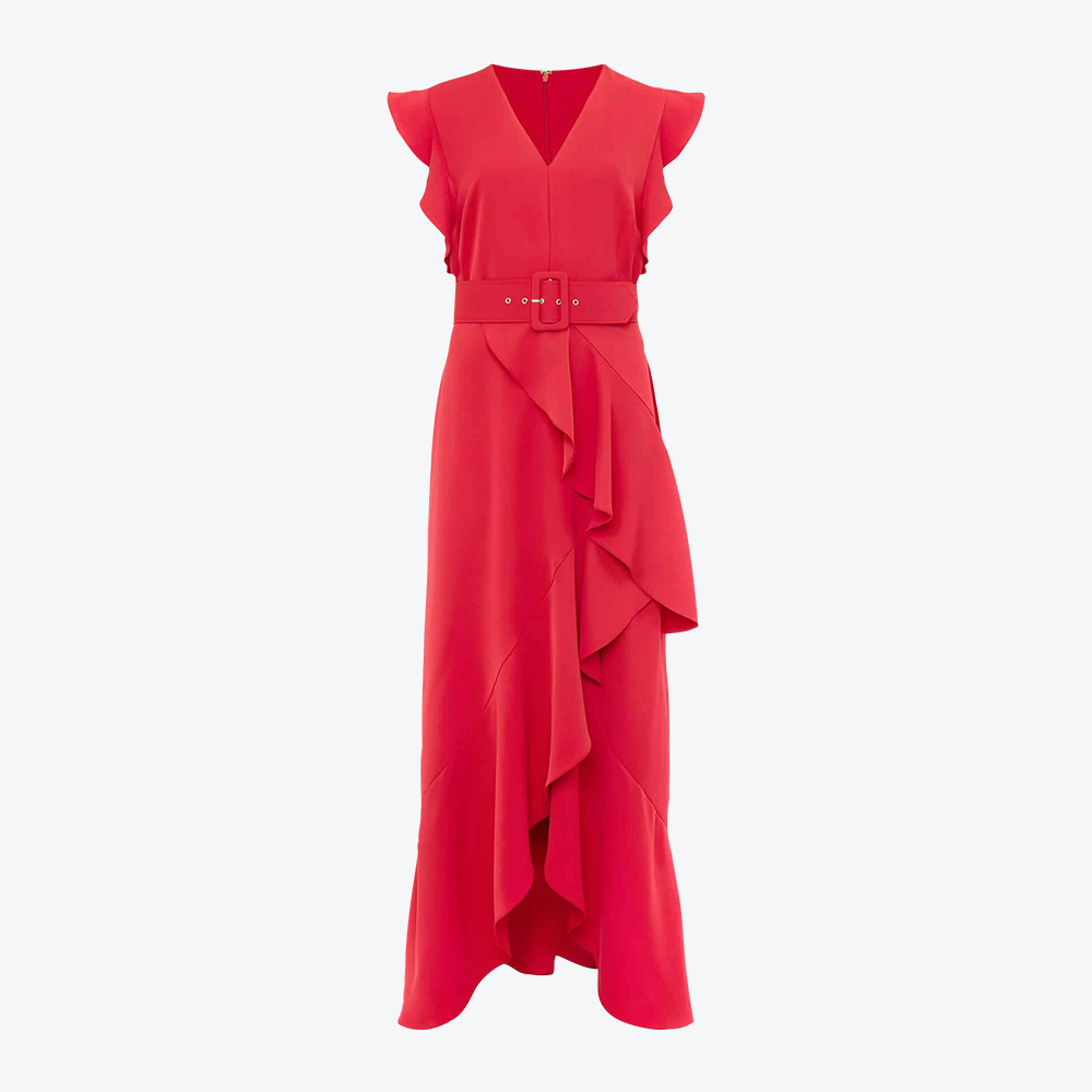 RUFFLED GABARDINE MIDI DRESS - Red